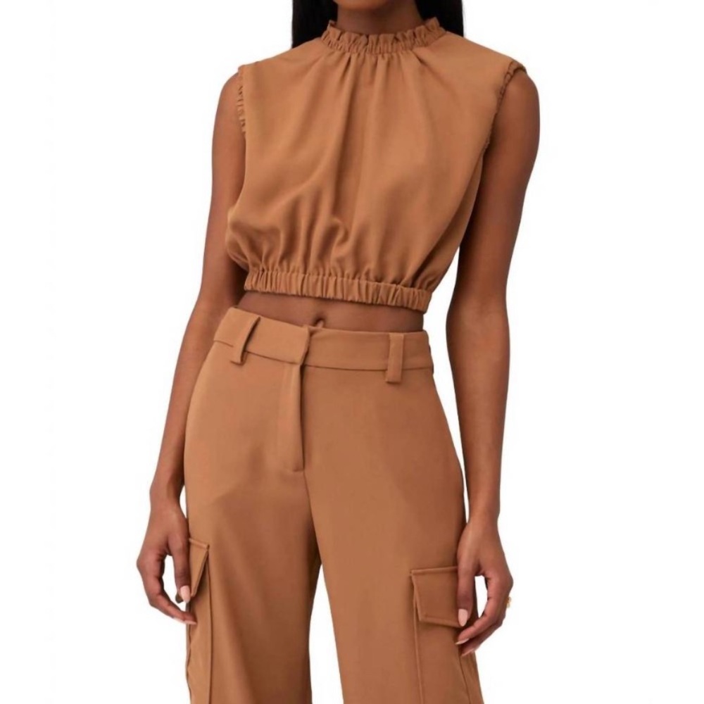 Line & Dot Cropped Sleeveless Ruffle-Neck Top in Camel